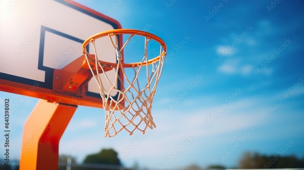 basketball basket on blue sky background, close up shot, generative AI