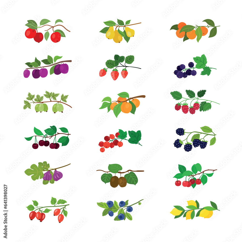 Assorted fruits dangle from a verdant twig adorned with vibrant leaves. Assorted fruits dangle from a verdant twig adorned with vibrant leaves.