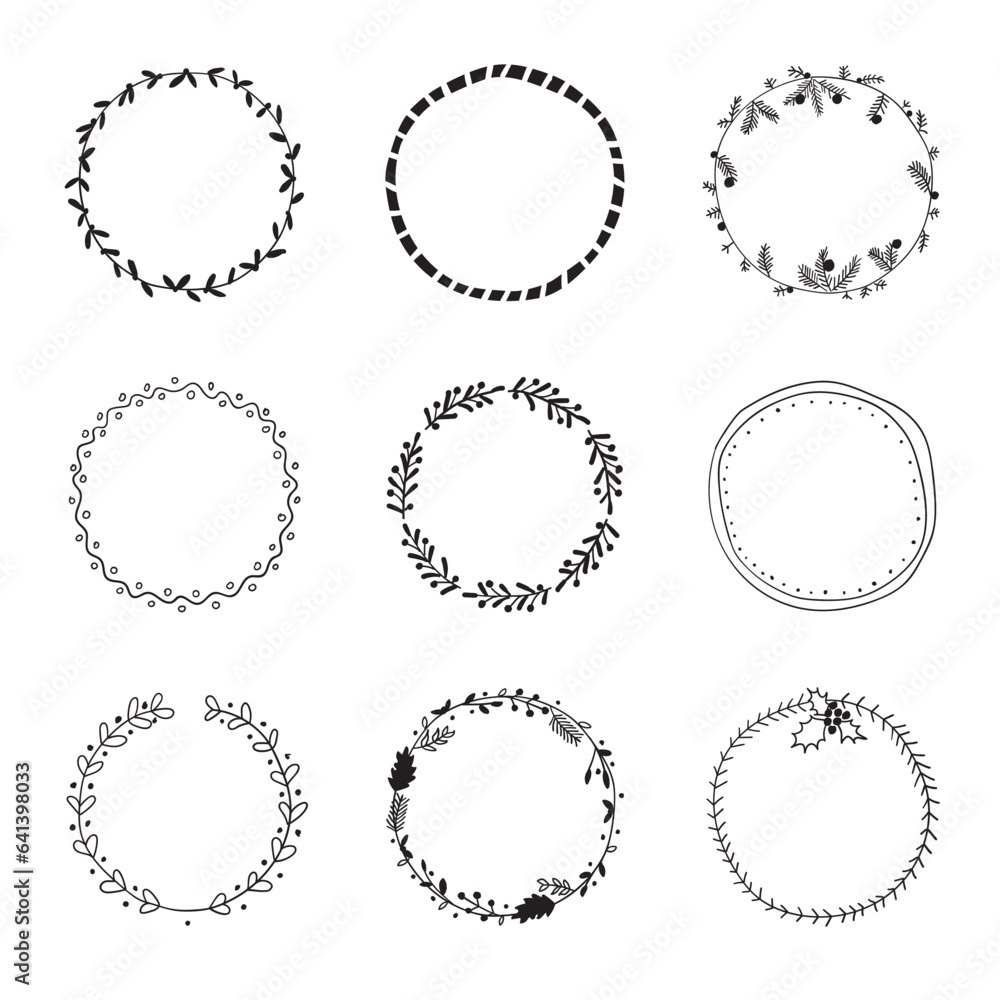 Charming hand-drawn vector frame set. Abstract designs intertwine with delicate leaves, creating a unique and artistic touch. Charming hand-drawn vector frame set. Abstract designs intertwine with delicate leaves, creating a unique and artistic touch.