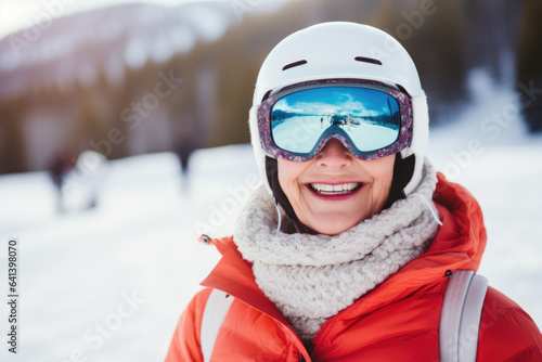 Happy middle aged female skier with sunglasses and ski equipment in ski resort on Bukovel, winter holiday concept. © Jasmina