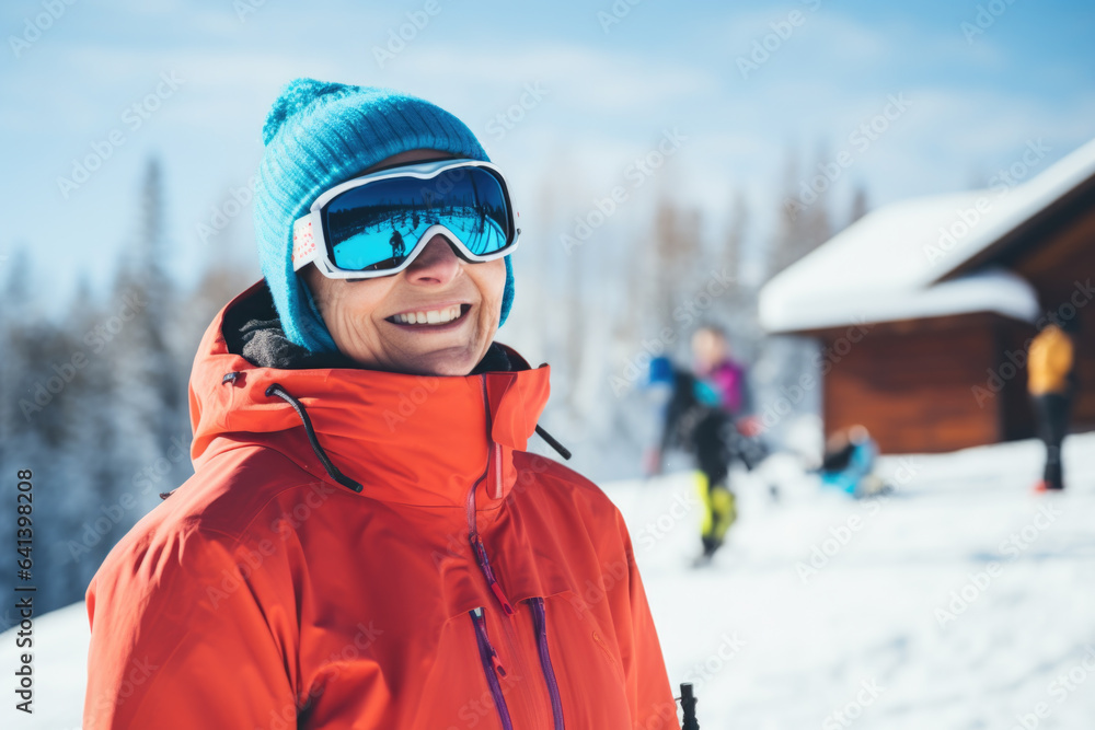 Happy middle aged female skier with sunglasses and ski equipment in ski resort on Bukovel, winter holiday concept.