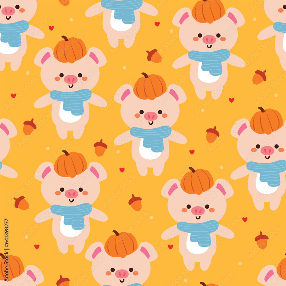 seamless pattern cartoon pig, pumpkin and autumn vibes element. cute autumn wallpaper for holiday. design for fabric, flat design, gift wrap paper 