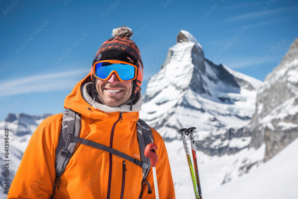 Happy young skier with sunglasses and ski equipment in ski resort on Matterhorn, winter holiday concept.
