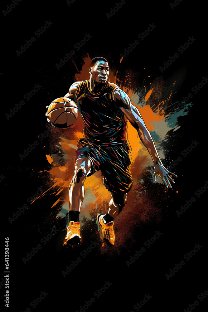 illustration of professional basket ball player with ball on black background, dynamic motion concept, generative AI