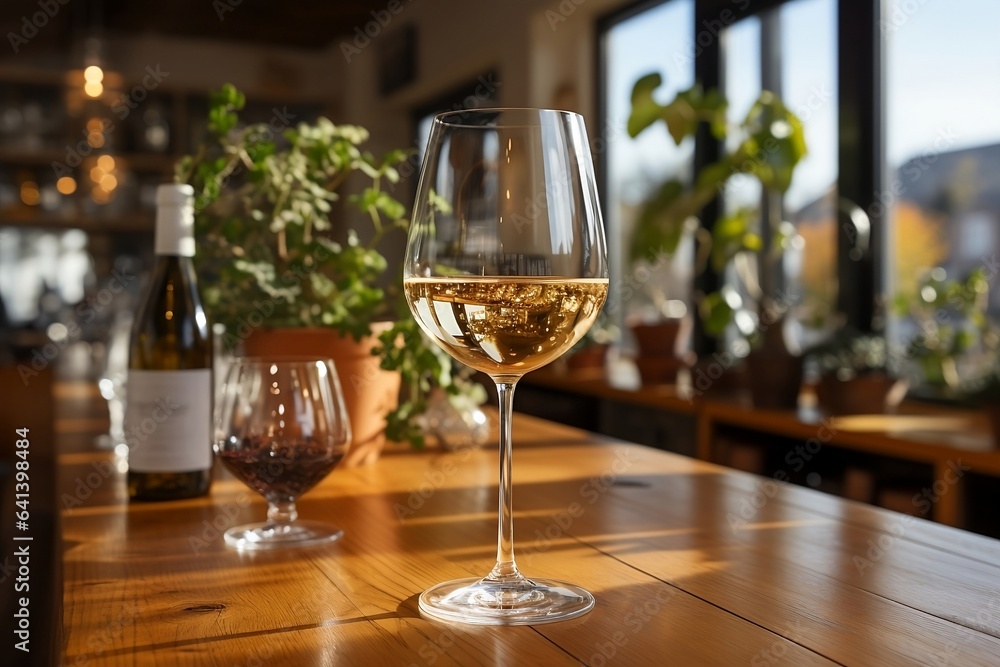 A glass of white wine on the table under the sunrays. Generative AI. A glass of white wine on the table under the sunrays. Generative AI.