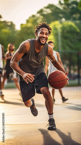 happy man play basketball with friends outdoor at sunset, generative AI
