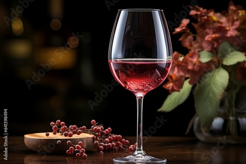 A glass of rose wine with grapes and flowers in the background. Generative AI. 