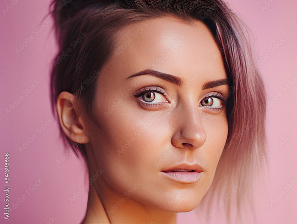 Beautiful woman posing on a pink background face care concept Beautiful woman posing on a pink background face care concept