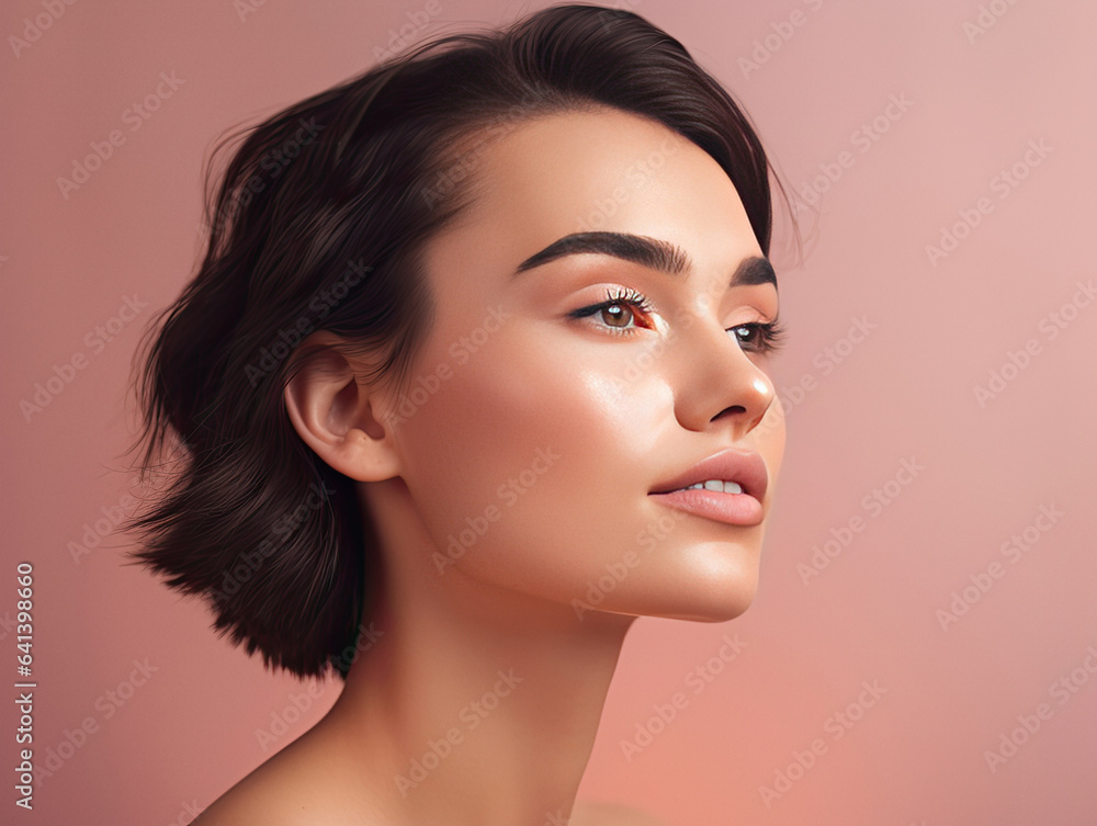Beautiful woman posing on a pink background face care concept Beautiful woman posing on a pink background face care concept