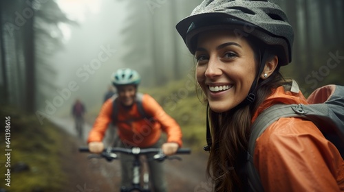 happy cheerful female in helmet ride bicycle at nature with friends and make selfie, sport outdoor, generative AI photo