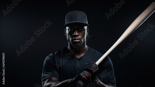 afro american baseball player with bat looking at camera on black background, studio shot, generative AI