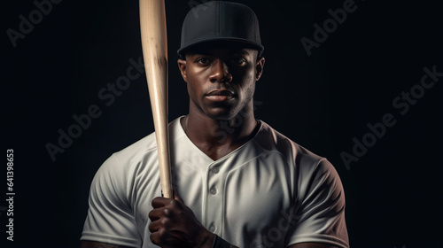 afro american baseball player with bat looking at camera on black background, studio shot, generative AI