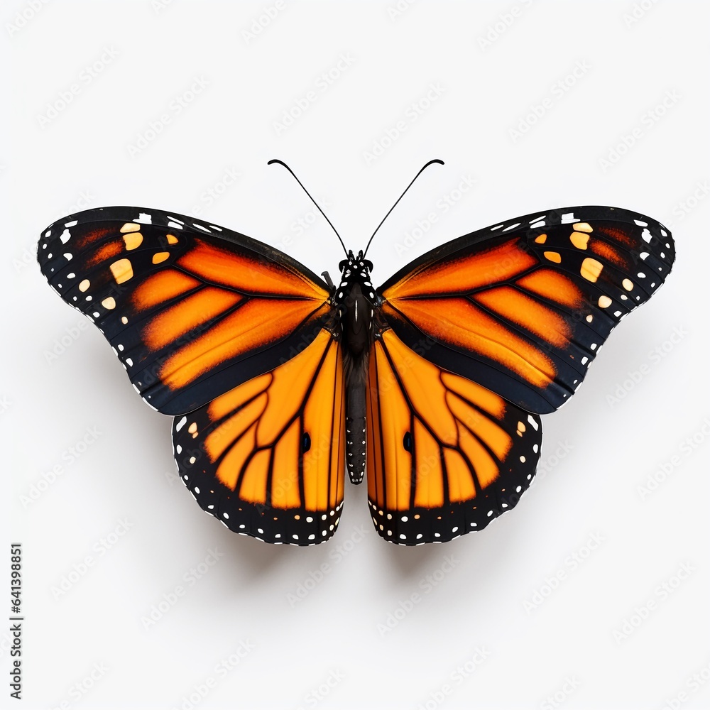 Fototapeta premium Beautiful flying monarch butterfly isolated on white