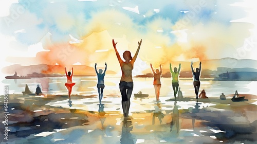 watercolor illustration of female group practice youga at nature, generative AI photo