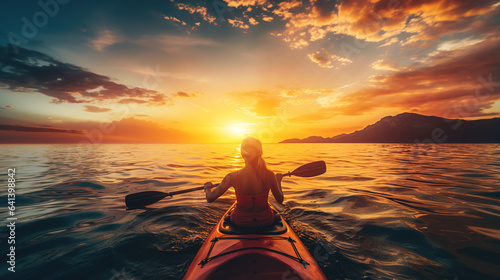 female paddling kayak boat at sunset on lake or river, tranquil scene, generative AI