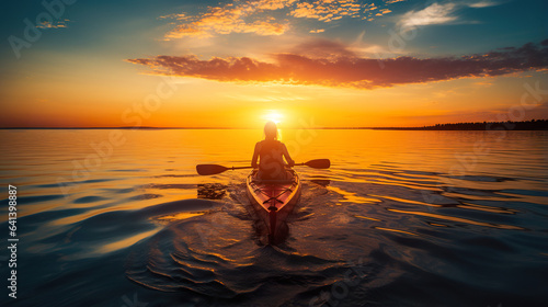 female paddling kayak boat at sunset on lake or river  tranquil scene  generative AI
