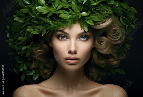 Beautiful woman with a green wreath on her head organic concept