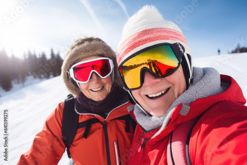 Happy elderly couple with sunglasses and ski equipment in ski resort Bukovel, having fun and taking selfie, winter holiday concept