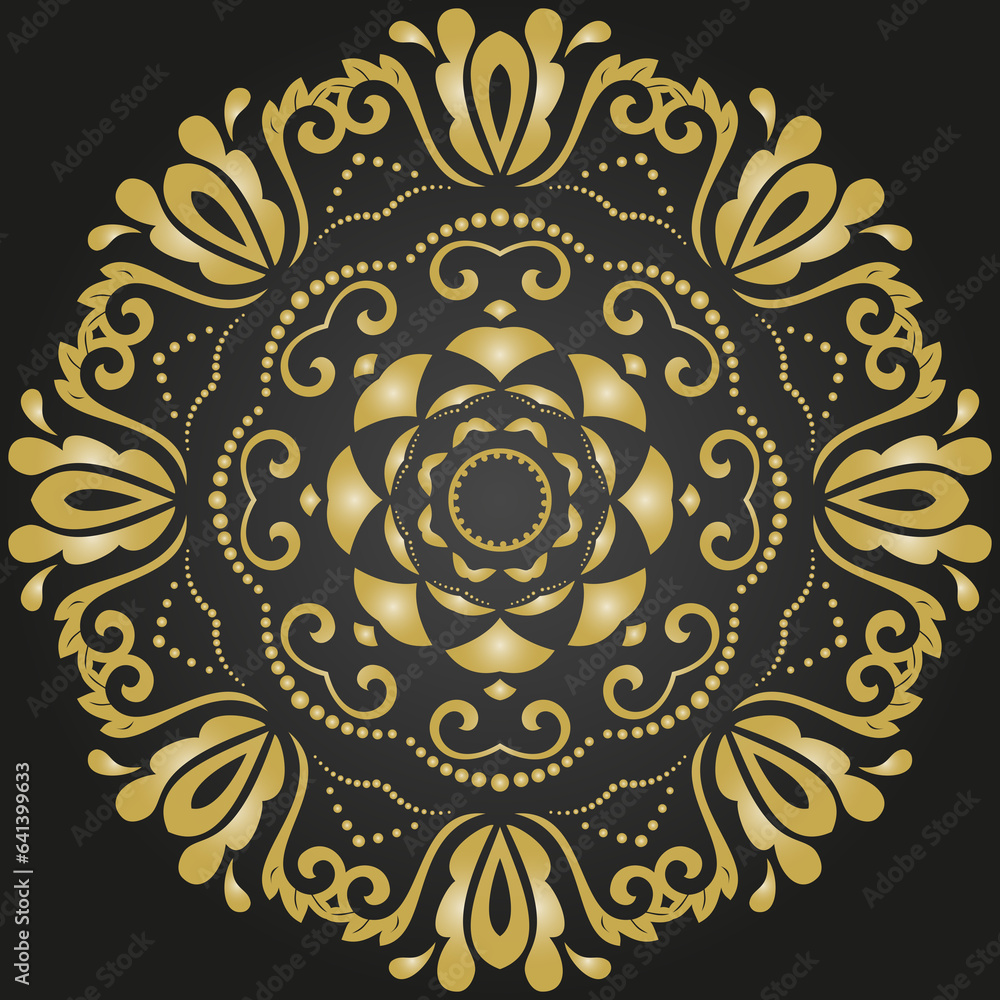 Oriental round and golden pattern with arabesques and floral elements. Traditional classic ornament. Vintage pattern with arabesques