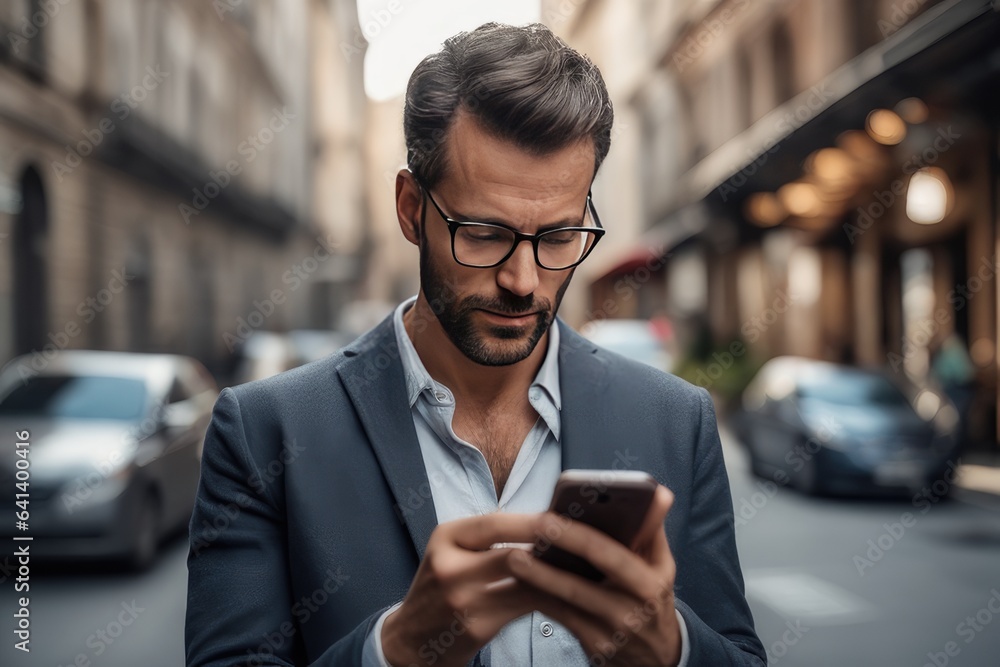 man wearing sunglasses using smartphone in the street man wearing sunglasses using smartphone in the street
