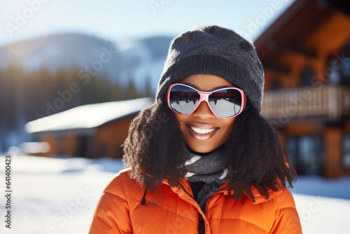 Young black woman with sunglasses and ski equipment in ski resort Bukovel  winter holiday concept.