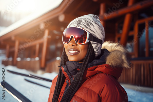 Young black woman with sunglasses and ski equipment in ski resort Bukovel, winter holiday concept.