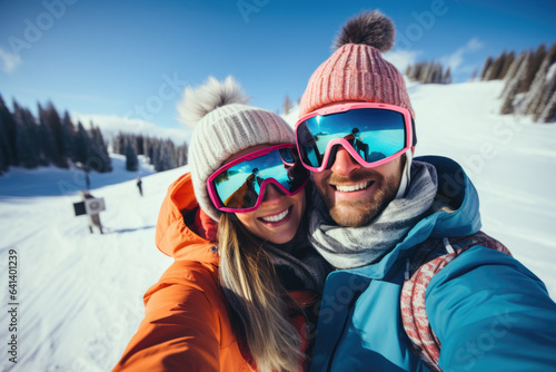Happy young couple with sunglasses and ski equipment in ski resort Bukovel, having fun and taking selfie, winter holiday concept