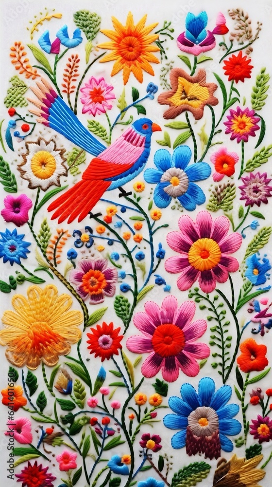Mexican embroidery with flower and bird print. White background.