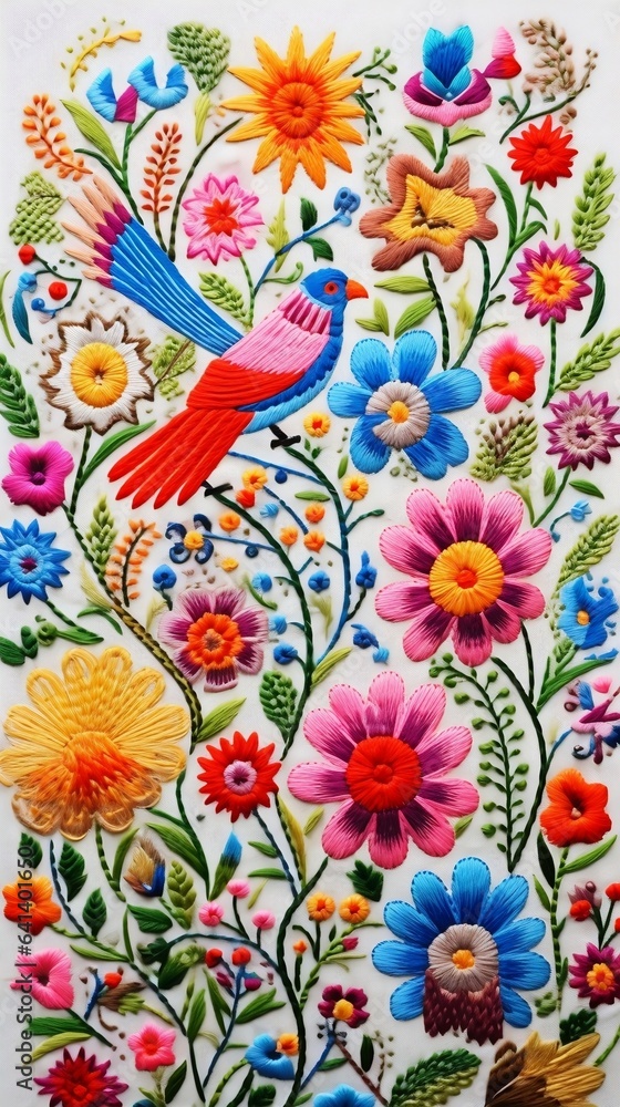 Mexican embroidery with flower and bird print. White background. Mexican embroidery with flower and bird print. White background.