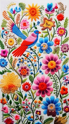 Mexican embroidery with flower and bird print. White background. © David