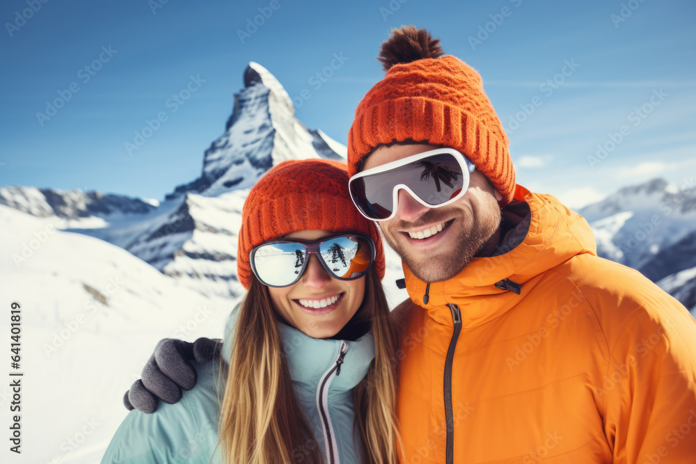 Happy young couple with sunglasses and ski equipment in ski resort Matterhorn, winter holiday concept Happy young couple with sunglasses and ski equipment in ski resort Matterhorn, winter holiday concept