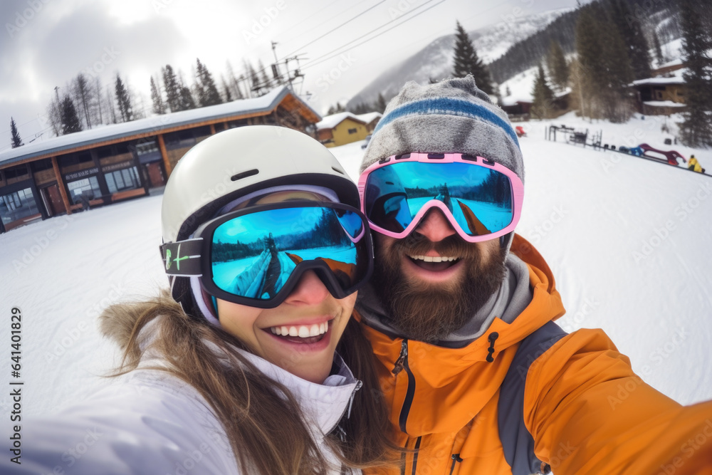 Happy young couple with sunglasses and ski equipment in ski resort Bukovel, having fun and taking selfie, winter holiday concept Happy young couple with sunglasses and ski equipment in ski resort Bukovel, having fun and taking selfie, winter holiday concept