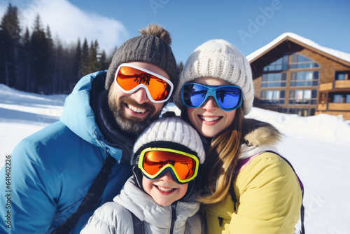 Happy young family with sunglasses and ski equipment in ski resort Bukovel, winter holiday concept.