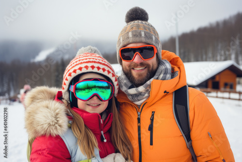 Happy young family with sunglasses and ski equipment in ski resort Bukovel, winter holiday concept.