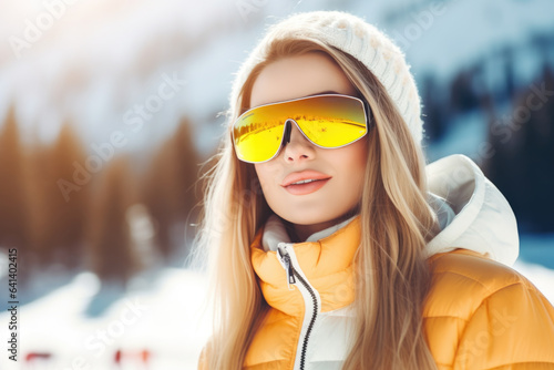 Happy young female skier with sunglasses and ski equipment in ski resort Bukovel, winter holiday concept.