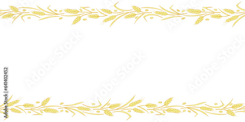 Vector Background, frame made of golden wheat or rye ears in doodle flat style. Horizontal top and bottom edging, border, decoration on theme of bakery products, flour, harvest, thanksgiving