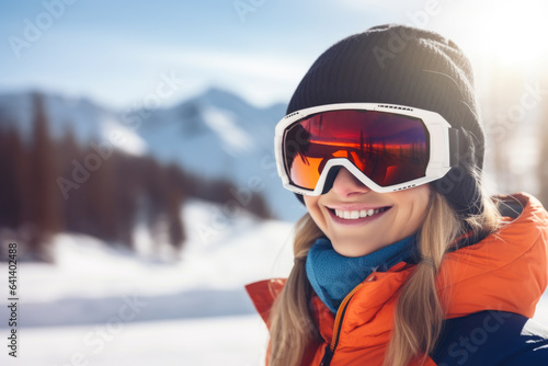 Happy young female skier with sunglasses and ski equipment in ski resort  Bukovel, winter holiday concept.