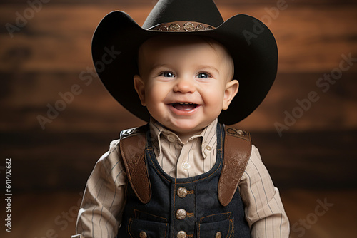 Canvas Print Funny baby boy wearing a cowboy costume Generative AI picture