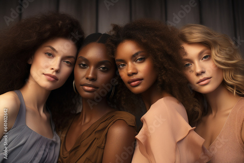 Generative AI portrait group of attractive female fashion models amazing appearance skin all races tones ethnicity