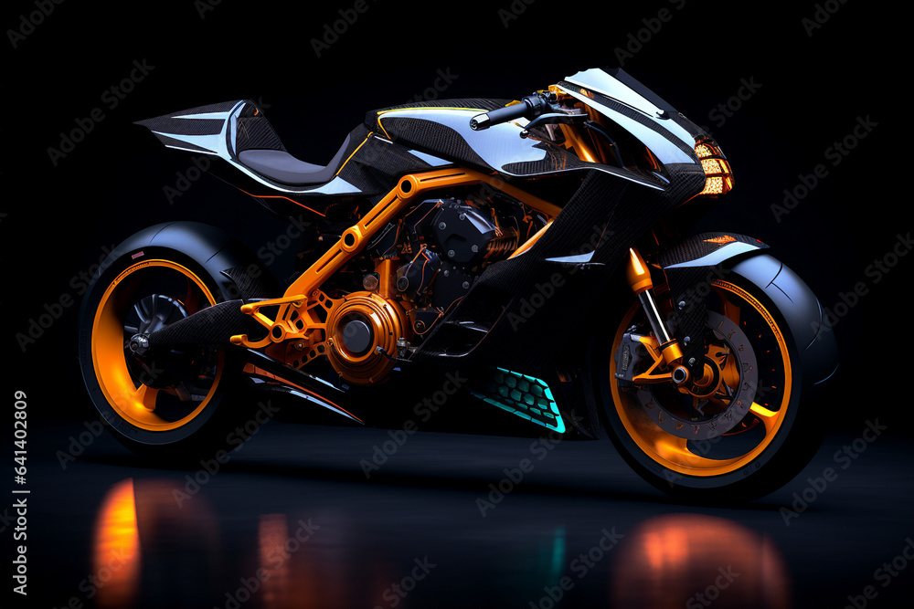Generative AI futuristic image of motorbike illuminated by glowing neon lights isolated on dark background Generative AI futuristic image of motorbike illuminated by glowing neon lights isolated on dark background