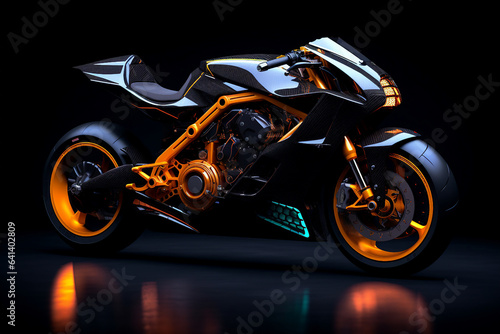 Generative AI futuristic image of motorbike illuminated by glowing neon lights isolated on dark background