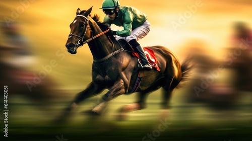 Jockey champion on racing horse. Generative AI © piai