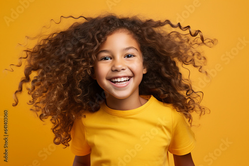 Generative ai collage picture image of happy joyful kid looking into camera with long curly hair © Tetiana