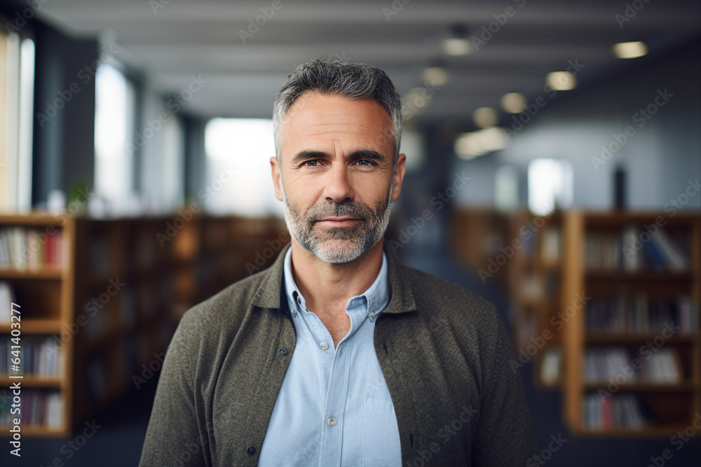 Generative AI concept photo of intelligent handsome male professor on blurred classroom or library background Generative AI concept photo of intelligent handsome male professor on blurred classroom or library background