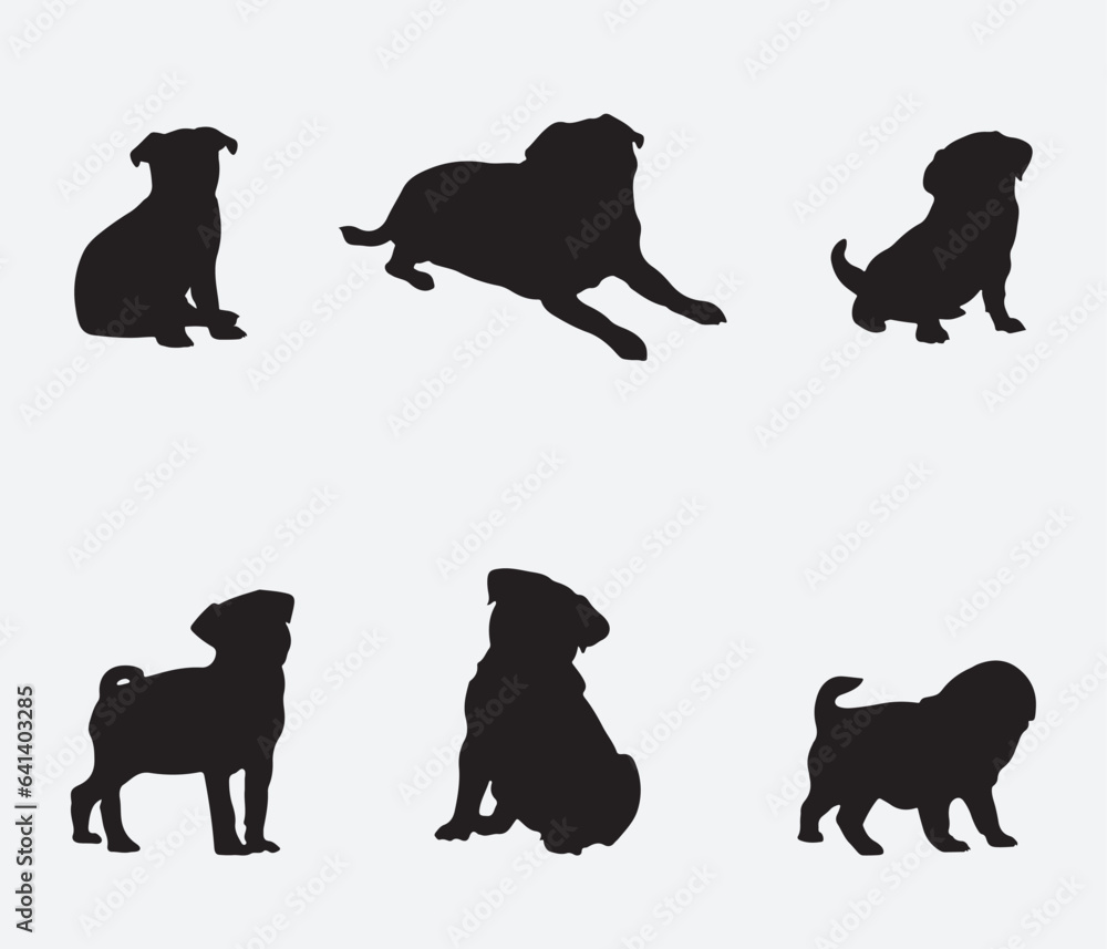 Set of Pug Dogs Silhouette, Pet, Dog Breed