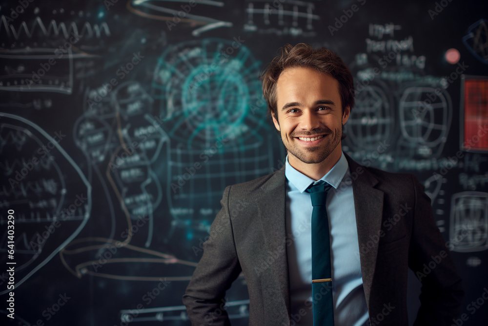 Photo of professional school teacher standing in class room in front of chalkboard with mathematical formulas generative AI Photo of professional school teacher standing in class room in front of chalkboard with mathematical formulas generative AI