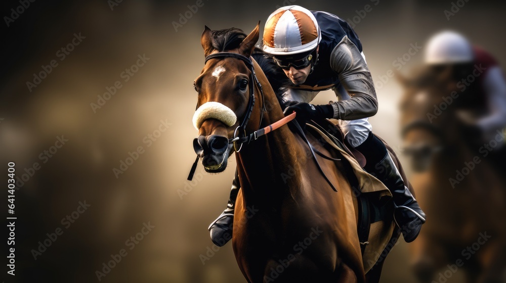 Fototapeta premium Jockey champion on racing horse. Generative AI
