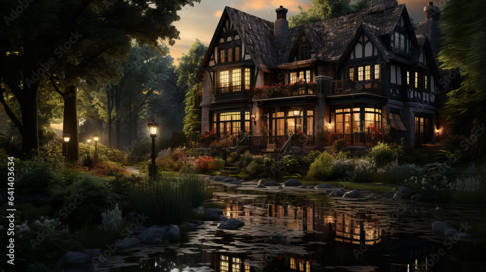 Wooden forest house with a pond, illuminated by the rays of the setting sun. Generative AI technology.