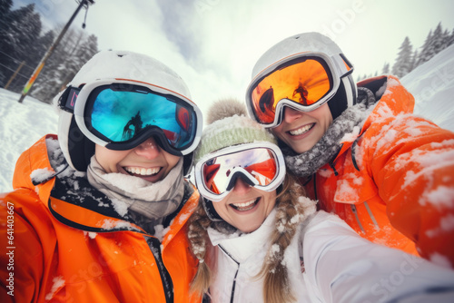 Three beautiful happy young women with sunglasses and ski equipment having fun in ski resort Bukovel, winter holiday concept.