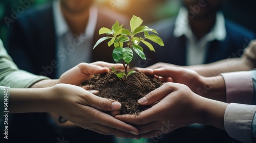 Group photo of children or girl now single boy Asian people plant small trees together. It is considered to instill a good conscience in knowing how to take care of the plants. Preserve nature and sav